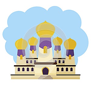 Light oriental palace with 5 towers with golden domes and purple windows in cartoon style on a blue background.
