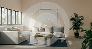 The light from the outside hit theframe on wall of the room and the sofa located inside. give a warm atmosphere.3d rendering