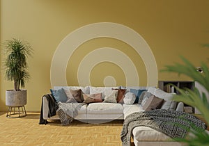 The light from the outside hit the wall of the room and the sofa located inside. give a warm atmosphere.3d rendering
