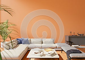 The light from the outside hit the wall of the room and the sofa located inside. give a warm atmosphere.3d rendering