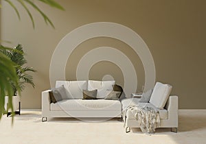 The light from the outside hit the wall of the room and the sofa located inside. give a warm atmosphere.3d rendering