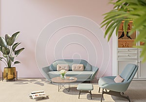 The light from the outside hit the wall of the room and the sofa located inside. give a warm atmosphere.3d rendering