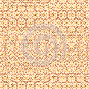 Light pastel delicate geometric floral fabric pattern Geometric muted white yellow orange mosaic flowers on a peach background photo