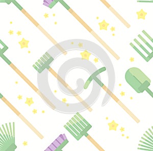 A light pattern with the image of a rake, pickaxe. Shovels and mops that clean and decorate the flower garden.