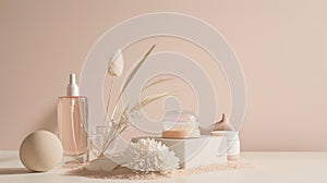 Light Peach and beige color scene with some beauty products and bottles without brand and few thin branchs