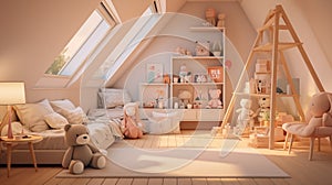 a light-peach childs bedroom with a bed , a teddy bear , and a teepee