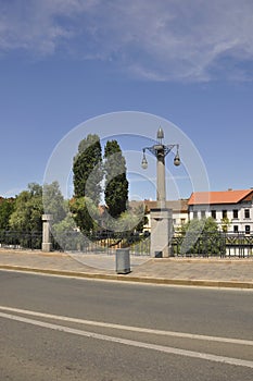 Light Pillar architecture from the bank of Crisul Repede river from Oradea City in Romania.