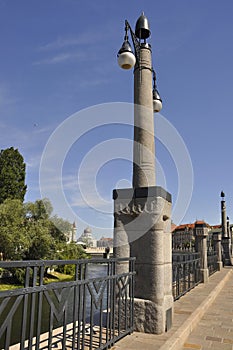 Light Pillar architecture from the bank of Crisul Repede river from Oradea City in Romania.