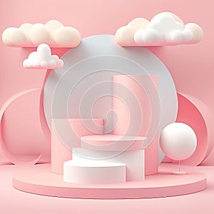 Light pink advertising podium for product demonstration with clouds