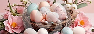 Light pink and blue colored eggs and spring flowers on pink background, beautiful Easter banner in delicate colors