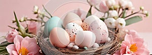 Light pink and blue colored eggs and spring flowers on pink background, beautiful Easter banner in delicate colors