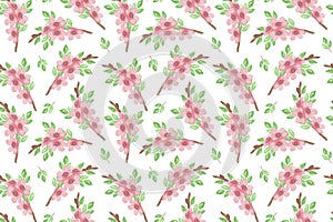 A light pink cherry blossom flowers repeat pattern, a little tree branch of tender flowers on the white background, simple hand