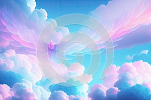 Light pink clouds in sunset blue sky. Pastel colors of clouds, sunrise sundown natural background, generative ai