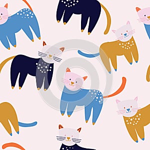 Light Pink with cute cats seamless pattern background design.