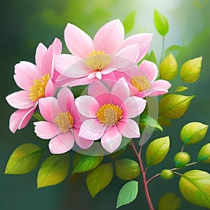 Light pink dahlias with green leaves on a beautiful branch