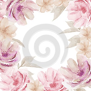 Light Pink Floral Square Frame Background. Flower Watercolor Frame on white.