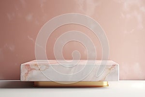 Light pink and golden product presentation mock-up. Marble podium with copy space. Generative AI. Illustration