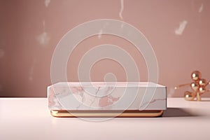 Light pink and golden product presentation mock-up. Marble podium with copy space. Generative AI. Illustration