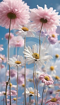 Light pink illustration daisy flowers pink blue background