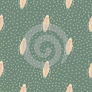 Light pink insects seamless pattern. Dotted pale green background. Simple exotic wildlife sketch