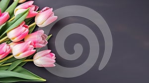 Light pink tulip bouquet on a plain background shot with soft light and a shallow depth of field.