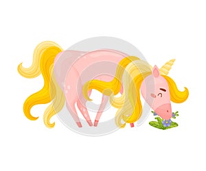 Light Pink Unicorn With Red Hooves Pasturing In The Grass Vector Illustration