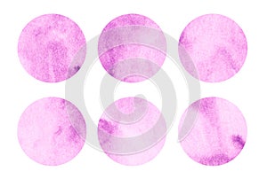 Light pink watercolor circles set. Fuchsia abstract round geometric shapes on white background. Aquarelle stains on paper texture