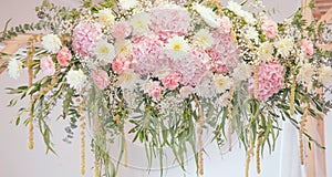 Light pink white gypsophila, dahlias, Hydrangea floral wedding decor