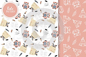 Light pink,white seamless pattern with whale,feather,owl