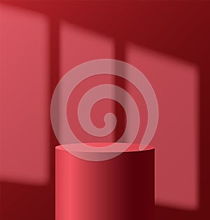 Light podium with shadow from window on wall. Abstract empty room with red color cylinder stand pedestal. Vector stage