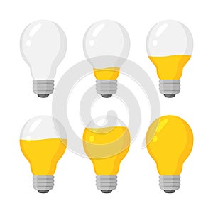 Light power bulbs indicator vector set, energy charge level