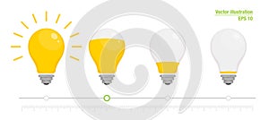 Light power indicator. Power switch. Energy charge level, full and low. Yellow glowing light bulb. Vector illustration