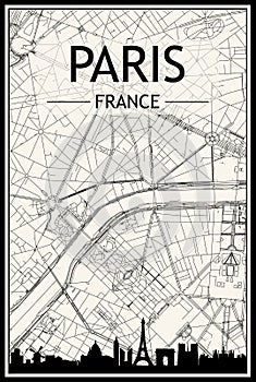 Hand-drawn panoramic city skyline poster with downtown streets network of PARIS, FRANCE