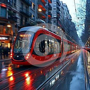 the light rail car is traveling down the street, leaving behind a bus