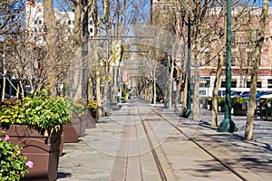 A light rail tracks on First Street, downtown San Jose, California