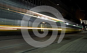 Light rail train at night