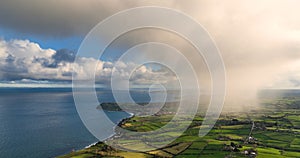 Light rain mizzle clouds over Ballygally on Co Antrim Northern Ireland