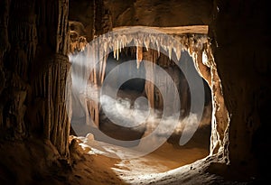 Light rays entering from a narrow cave opening, dust floating in loop