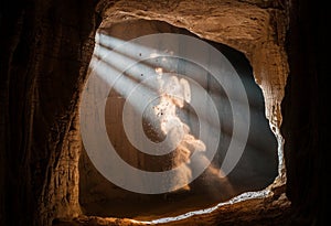 Light rays entering from a narrow cave opening, dust floating in loop