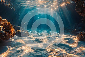 Light rays illuminate sandy ocean floor in tranquil underwater scene. Concept Underwater