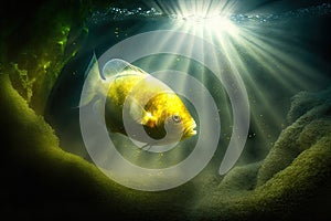 light rays illuminating yellow bulbfin greenfish in pond, aquarium fish in space