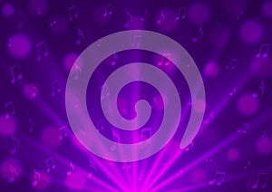 Vector Abstract Pink Music Notes, Light Rays and Bokeh in Dark Purple Background