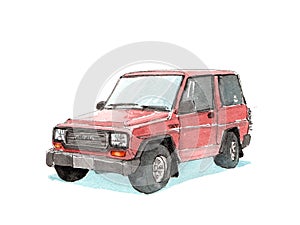 Light red and black daihatsu taft 4x4 indonesian car painted in watercolor