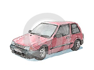 Light red and black toyota starlet indonesia car painted in watercolor