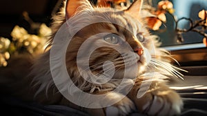 A light red cat lies in the sun resting