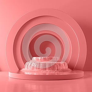 Light red podium with 3D round shapes and cascading waterfall