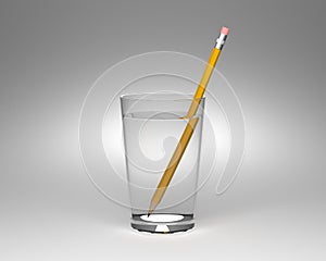 Light refraction experiment in a glass of water. 3D Rendering.