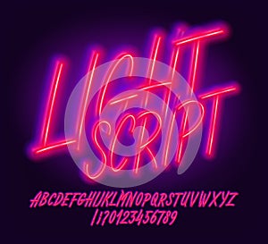 Light Script alphabet font. Glowing neon letters and numbers.