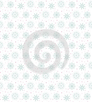 Light seamless blue pattern of many snowflakes on white background. Soft Christmas winter theme for gift wrapping. New Year