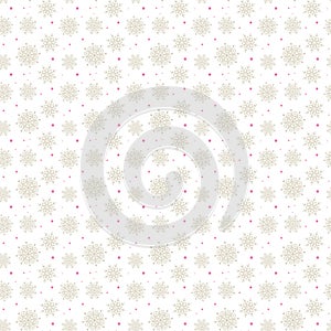 Light seamless gold pattern of many snowflakes on white background. Soft Christmas winter theme for gift wrapping. New Year